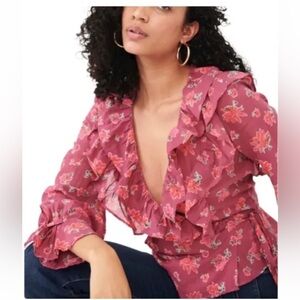 Free People Top Amanda Cotton Ruffled Wrap Sultry Combo Floral Blouse Sz XS NWT